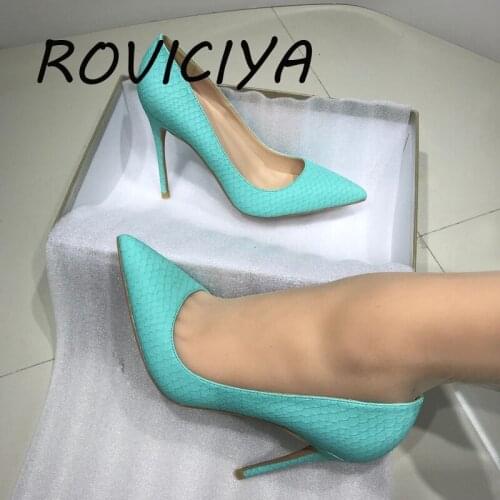 Brand fashion new pointed toe blue 12cm high heel exquisite snake pattern elegant single shoes ladies party shoes YG010 ROVICIYA
