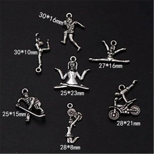 WKOUD 7pcs Silver Color mixed batch of healthy living sports series alloy pendants Earrings bracelet DIY metal jewelry finding