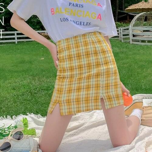 EDressU 2021 Women Plaid Skirt Short Mini A-Line High Waist Summer Skirt Yellow Pink Bottom Daily Student Casual Wear XC-999