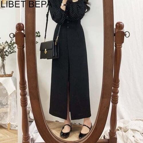 New 2021 Spring Women Fashion Casual Office Ladies Korean Style Buttons High Waist Patchwork Split Female Straight Skirt SK6121