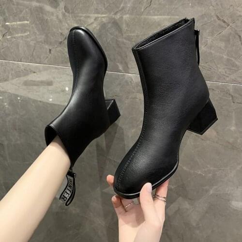 ICCLEK WOMENS SHOES 2021 WINTER FASHION BLACK BEIGE CHELSEA BOOTS SQUARE HEELS SHORT PLUSH-LINER HOT SALES COMFORTABLE WARM