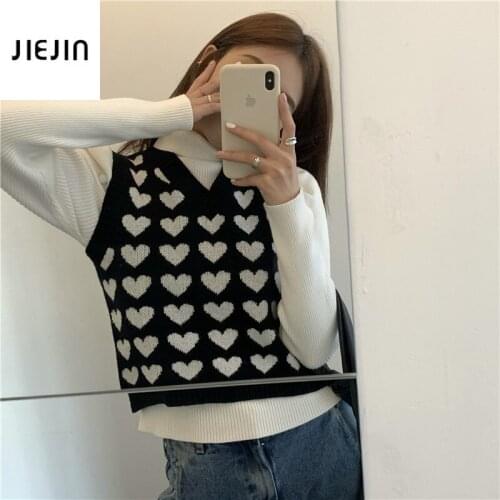 Aesthetic Red Heart Striped Sweaters Vest Y2k Preppy Sweaters Women Autumn Winter E-girl Sweet Pullovers 2000s Fashion Clothes