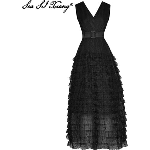 Seasixiang Fashion Designer Summer Mesh Dress Women V-Neck Sleeveless Sashes Cascading Ruffle Cake Dress