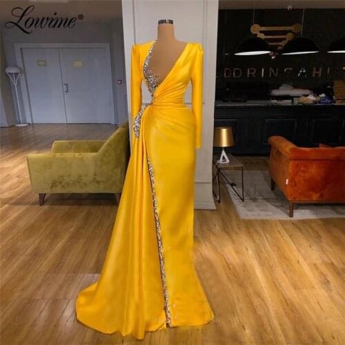 Lowime Yellow Long Sleeves Evening Dresses Beaded Elegant Dubai Party Gown 2021 Plus Size Women Dresses Party Night Arabic Dress
