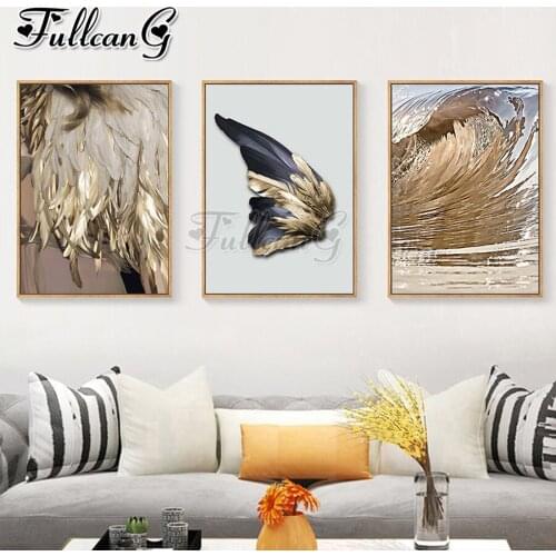 FULLCANG 5d diy diamond embroidery Golden Wings diamond painting Abstract feather triptych full square round drill decor FC2976