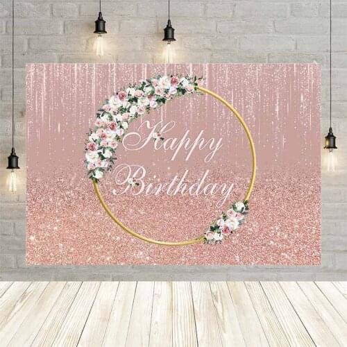 Avezano Pink Glitter Happy Birthday Backdrop For Girls Gold Shiny Flower Ring Women Party Photography Background Decor Photozone