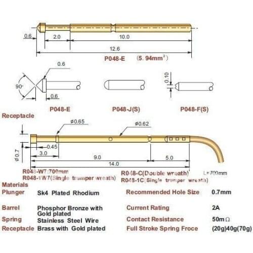 FREE SHIPPING 100PCS/LOT P048-E 12.6MM TWO PART SPRING TEST PROBES