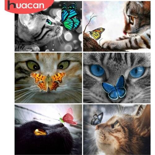 HUACAN Full Drill Diamond Painting Animal Cat Cross Stitch Home Decor Diamond Mosaic Butterfly Wall Stickers