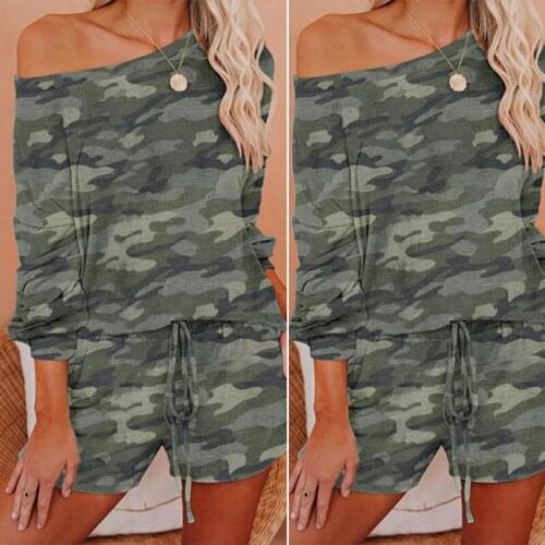 2 Piece Camouflage Set Women Loose Long Sleeve T Shirt Drawstring High Waist Shorts Suit 2 Piece Set