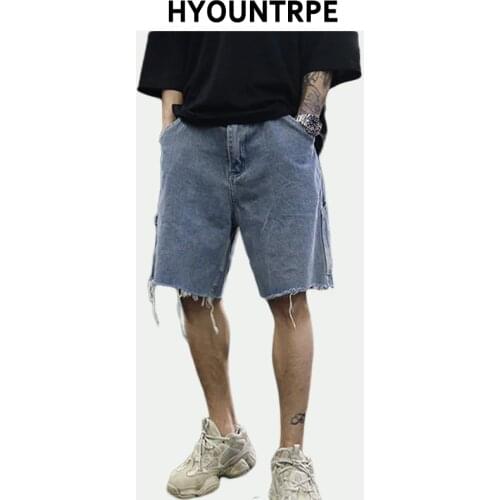 Men Retro Loose Short Jeans New Fashion Straight Denim Washed Half Trousers Male Casual Summer Ripped Hip Hop Street Wear Pants
