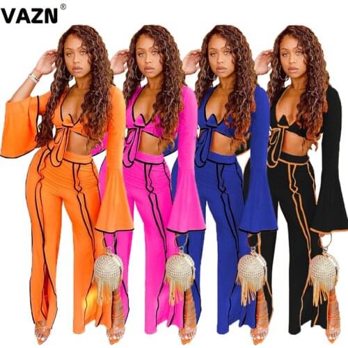 VAZN 2020 Hot Special Women Holiday Shinny Solid Outfit Two Pieces Set Full Sleeve V-neck Full Pant Sport Running Sets
