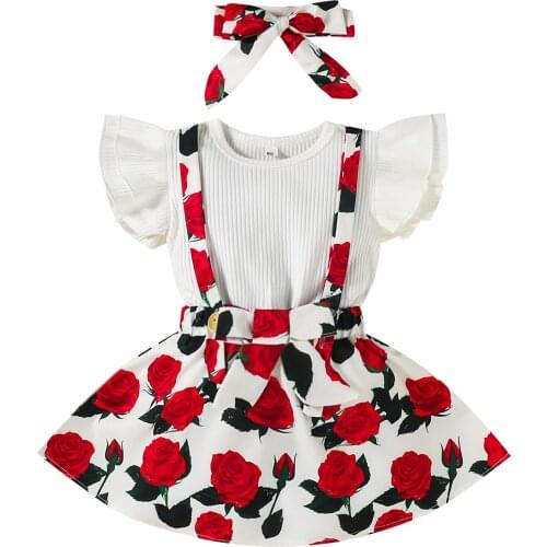 Girl’s Three Piece Suit Fresh Solid Color Fly Sleeve T-shirt and Flower Suspender Skirt with Headband
