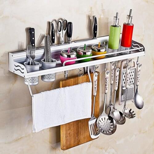 Kitchen Storage Rack Wall Mounted Spice Bottle Rack Cooking Utensil Hanging Shelf Towel Bar Hook Knife Stand Kitchen Organizer