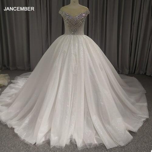 LSQX07 White Shiny Charming Wedding Dress Transparent Lace Round Neck Frill Chest Diamond Decoration Bridal Banquet Event Gown