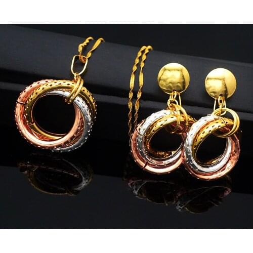 Fashion Jewelry Luxury Gold-color Romantic Austrian round circle shape Chain Necklace Earrings Jewelry Sets