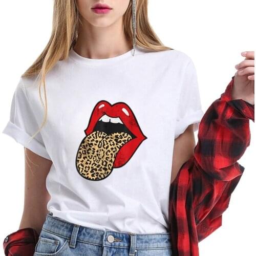 Vogue Cartoon T-Shirt Kawaii Women Black Leopard Lips Graphic Summer Tops Aesthetic Clothes Size XS-XL