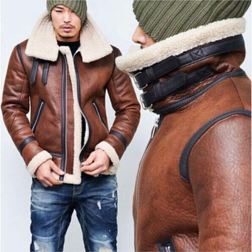 Mens Woollen Coat Winter Warm Thickened Fashion Pop Up Zipper Leather Jacket High Collar Locomotive Vintage Style Jacket Coat