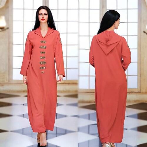 Dubai Turkey Arabic Muslim Dresses Orange Plus Size Long Sleeve Clothes Hooded Abaya Dress for Women Luruxy Diamond Robe Eid2021