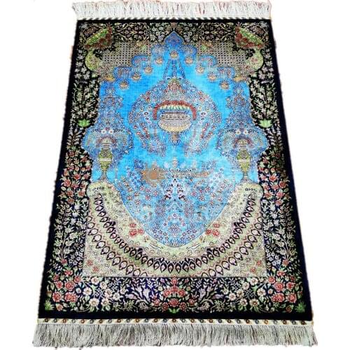 Seeykeep™ 3x4.5ft Silk Handknotted Exquisite Rose Bouquet And Vase Motif In Azure Backcolor Indigo Border Rug -FC3016039
