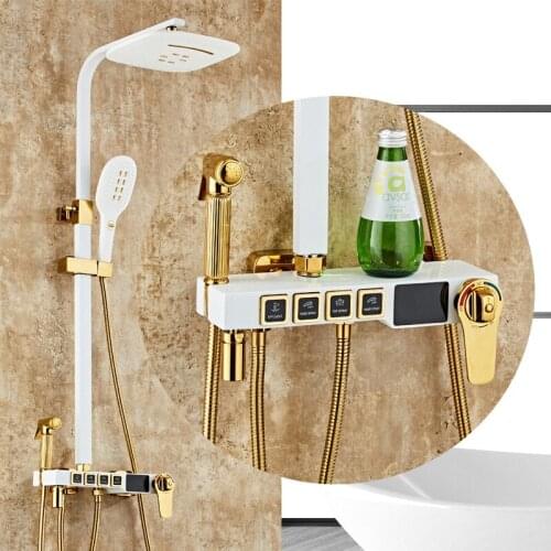 Thermostatic Shower Set Hot and Cold Digital Rain Shower Set Wall Mounted Bathroom Shower System White Gold Shower Faucet Square