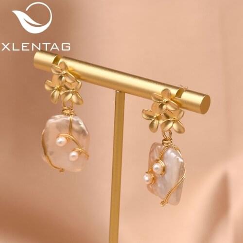 XlentAg Original Design Handmade Flower Drop Earrings Natural Baroque Square Pearl Earrings For Women Fine Jewelry GE0754
