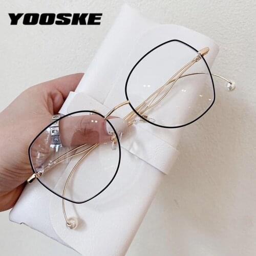 YOOSKE Anti Blue Light Glasses Frame Womens Eyeglass Frame Irregular Mental Computer Eyewear Vintage Pearl Spectacles