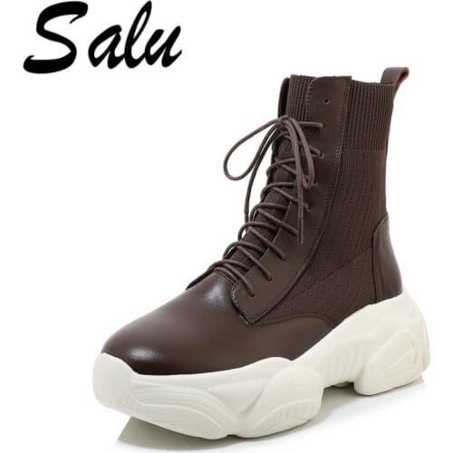 Salu Ankle Boots for Women Genuine Leather Elegant Round Toe Elastic Ladies Chelsea Boots Shoes Platform Heel Brown Black