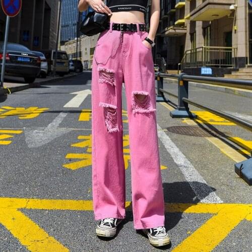 High Waisted Pink Jeans for Women Korean Fashion Trends Ripped Punk Clothes Girl Straight Leg Hole Denim Pants Gothic Streetwear