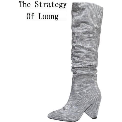Spring Autumn Winter Stretch Crystal Long Women Wrinkle Boots Spike Heels Pointed Toe Rivets Fold Bling Ladies Boots 190822