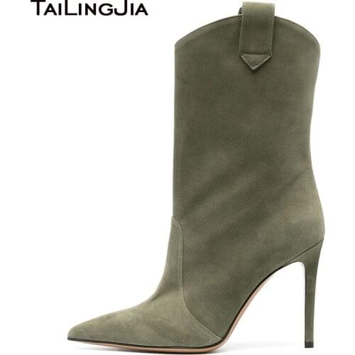 Mid-Calf Boots for Women 2020 Stiletto High Heel Booties Pointed Toe Green Faux Suede Slip-On Short Boot Large Size Shoes