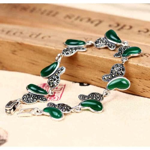 ZHJIASHUN Retro 100% 925 Sterling Silver Chalcedony Butterfly Bracelets Retro Natural Jade Gemstone Bracelet Jewelry For Women