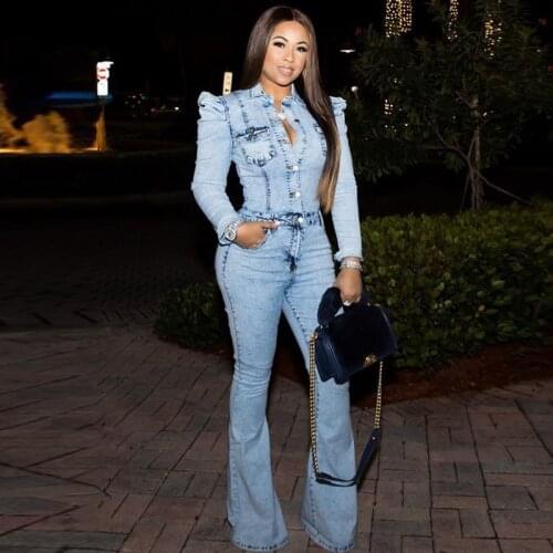 2021 Womens Casual Long Sleeve Denim Jumpsuit Fashion Solid Color Button down Tight Jumpsuit Y2K Rompers