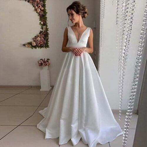 Simple Satin Wedding Dress 2021 V Neck Backless Simple Suknie ślubne Sexy White Ivory Bridal Gowns For Women Vestido de Novia