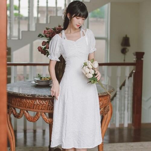 French Retro Square Collar White Dress Summer 2021 Short Sleeve Jacquard Chic Bow Shoulder Strap Cute Sweet Dress