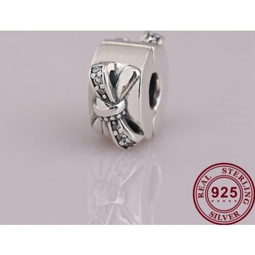100% 925 Sterling Silver Charm Round Bow Clip Fit Pandora Women Bracelet & Necklace Diy Jewelry