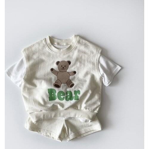 2021 Summer Unisex Baby Tshirt Short Set 3pcs Korean Kids Fashion Cute Bear Clothing Sets Boys Girls Vest+Tshirt+Shorts Clothes