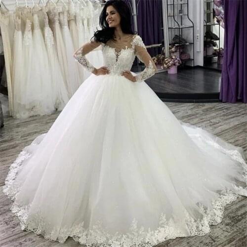 ANGELSBRIDEP Long Sleeves Ball Gown Tulle Wedding Dress Robe De Mariee Luxury Appliques Beaded Floor-Length Formal Bridal Gowns