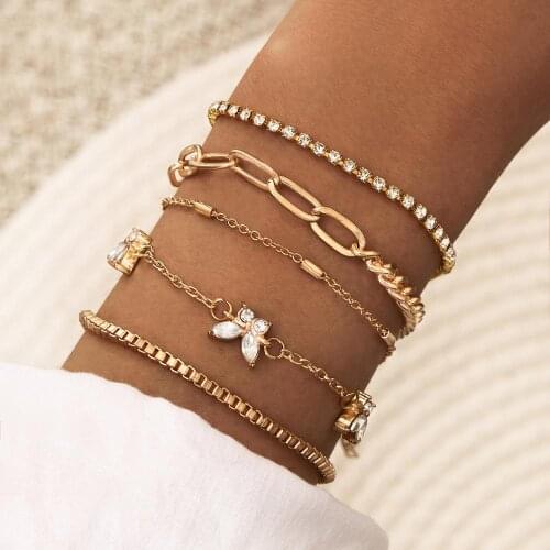 5pcs/lot Bohemian Pavé Crystal Butterfly Multilayer Chain Bracelet Women Beach Party Casual Jewelry Accessories Friendship Gift