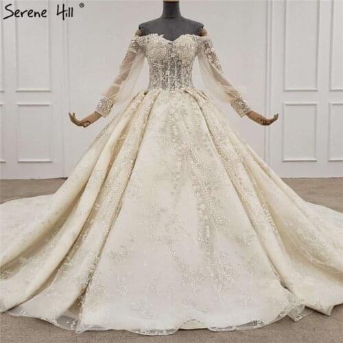 Champange Luxury Lantern Sleeve Sexy Wedding Dresses 2020 Handmade Flowers Sequins Birdal Gowns HX0097 Custom Made