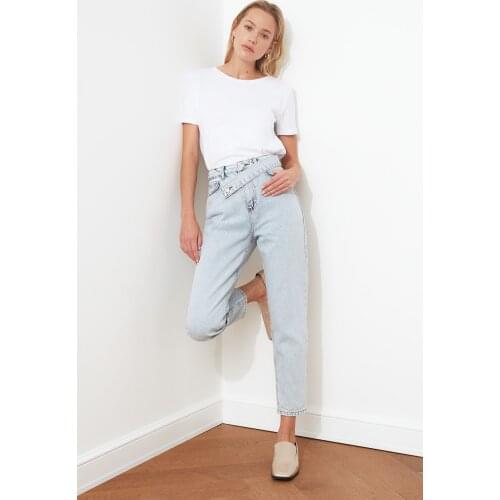 High Waist Mom Jean With Blue Asymmetric Closure Pants Denim For Woman