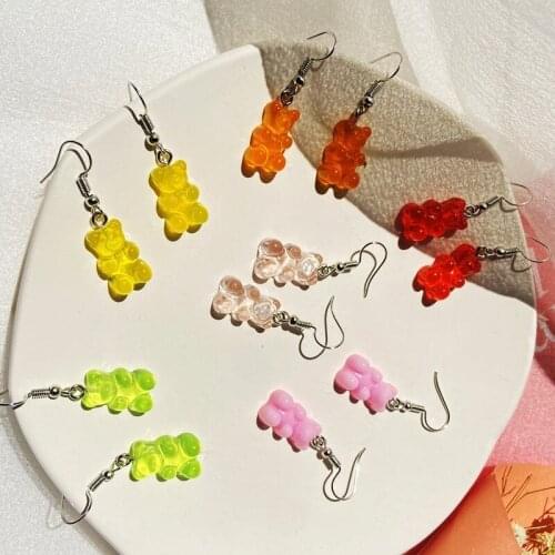 Han Zhishang transparent candy color Bear Pendant Earrings creative simple Bear Earrings female