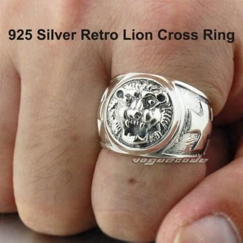 Punk Retro Fashion Lion Roar Constellation Ring Solid 925 Sterling Silver Cool Mens Knight Individuality Lion Cross Ring 8S007