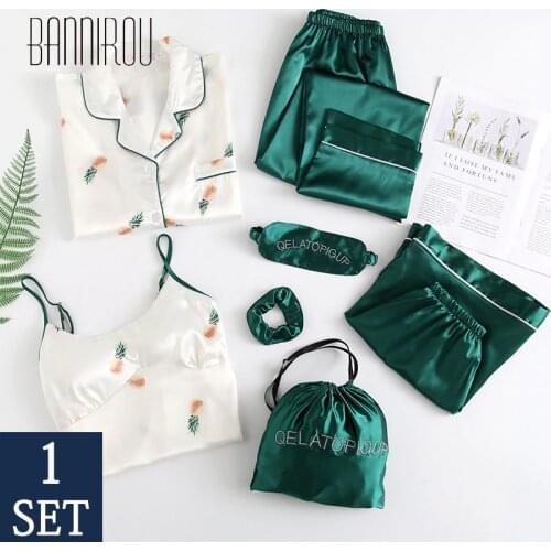 BANNIROU Home Clothes Womens Pajamas Sets Printed Women Sleepwear Sets Lingerie Set Spring Homewear Woman Pyjamas Sets 7 Pcs