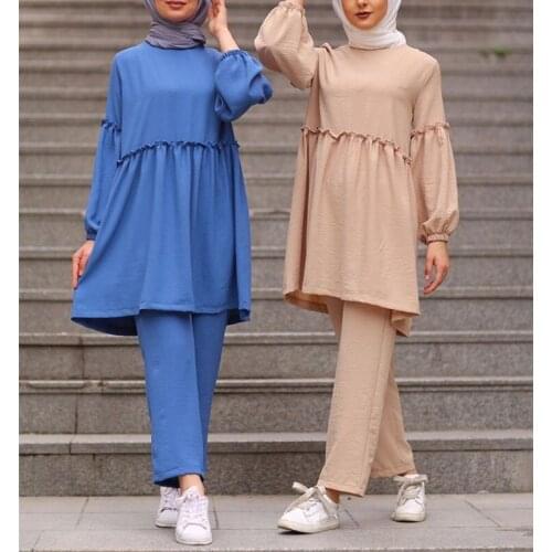 2021 2 Piece Set Muslim Women Buttoned Tunic + Trousers Double Eid Suits Turkey Blouse Wide Leg Pants Kaftan Islamic Clothes