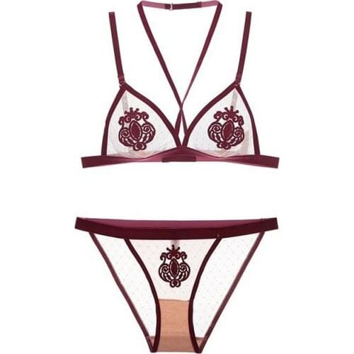 Summer Underwear Mesh Embroidery Ultra Thin Sexy Hanging Neck Comfortable Bra Set Rimless Comfortable Lingerie Women