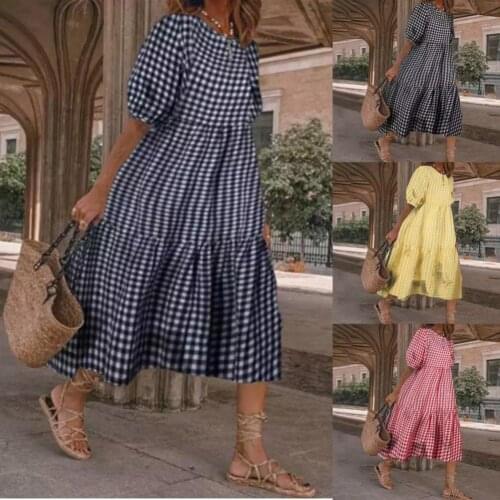 Hot Sales!!! Women Dress Plaid Patchwork Summer Puff Sleeve Round Neck Skirt for Beach
