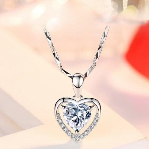 Fashion Romantic Heart Pendant Necklace Silver Color Crystal Stone Heart Chain Necklace Womens Jewellery