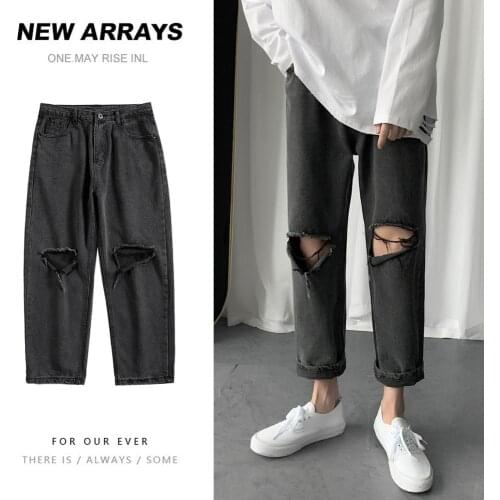 Men Streetwear Ripped Jeans 2020 Black Blue Hole Jeans Korean Fashions Straight Loose Harem Pants Male Denim Pants Plus 5XL-M