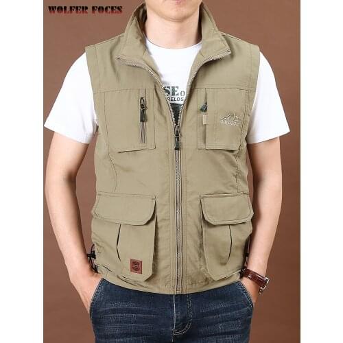 Mens thin tooling loose quick drying vest mens outdoor sports Multi Pocket stand collar vest in 2021 spring