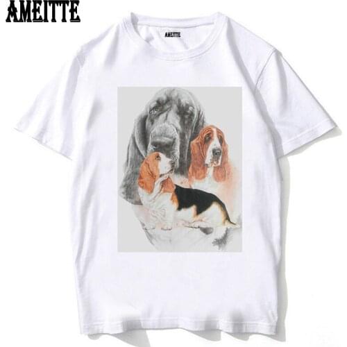 New White Unisex Tee shirt Fashion Men Short Sleeve Basset Hound Print T-Shirt Funny Dog Design Cool Boy Casual Tops Man Tees